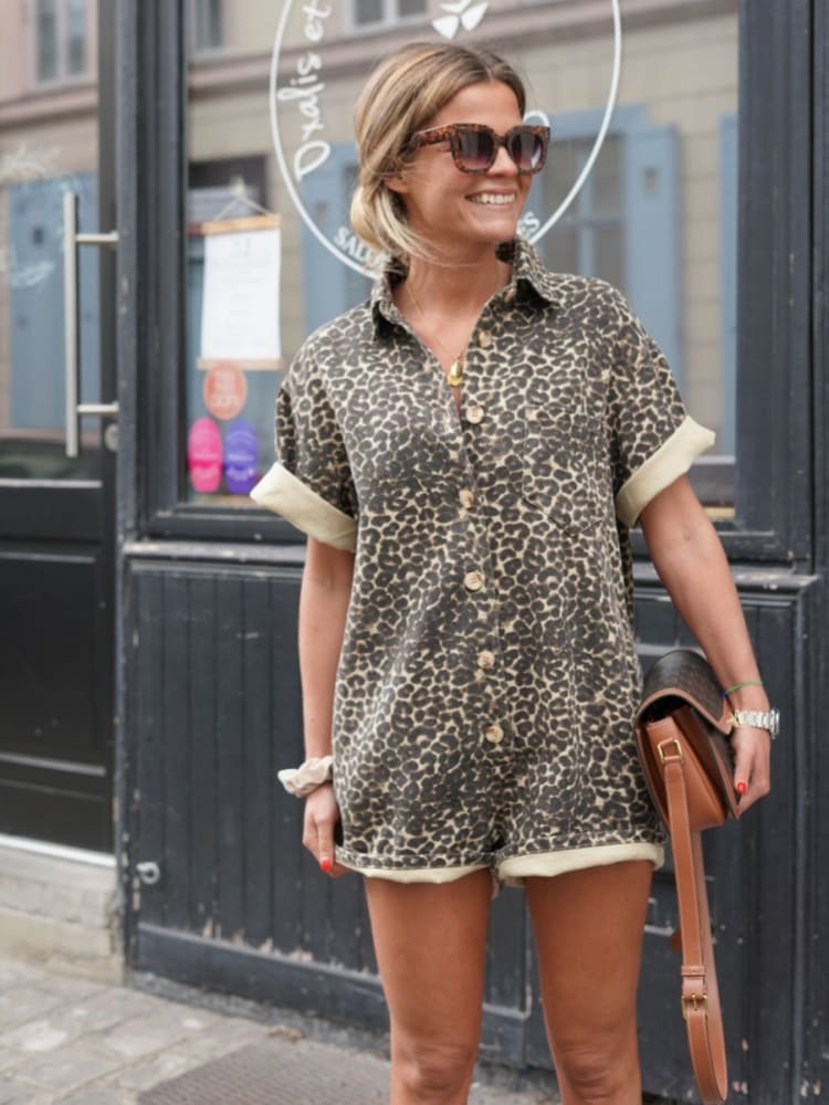 Elvayn | Leopard Print Casual Shirt Romper