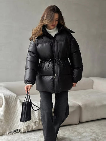 Elvayn | Winter Drawstring Shiny Puffer Jacket