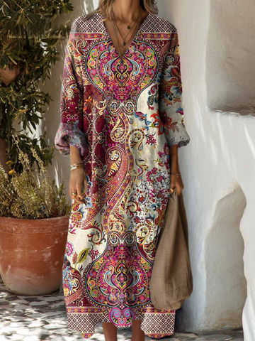 Elvayn | Women's Vintage Floral Pattern Art Print Cotton Dress