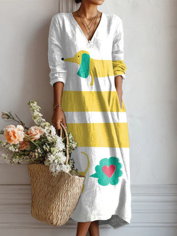 Elvayn | Women's Vintage Dachshund Art Print Linen Pocket Dress