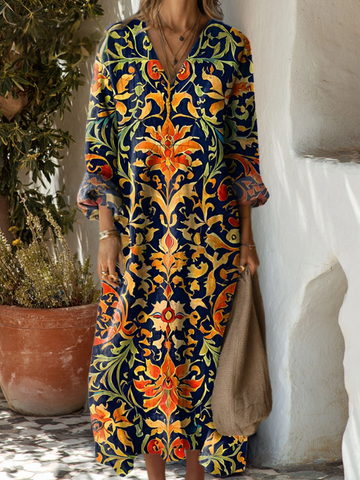 Elvayn | Women's Vintage Flower Art Print Dress