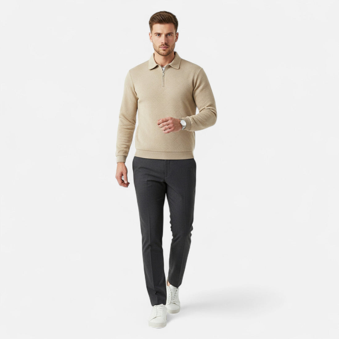 Elvayn | Men’s Long-Sleeved Polo Shirt | Zipper Lapel