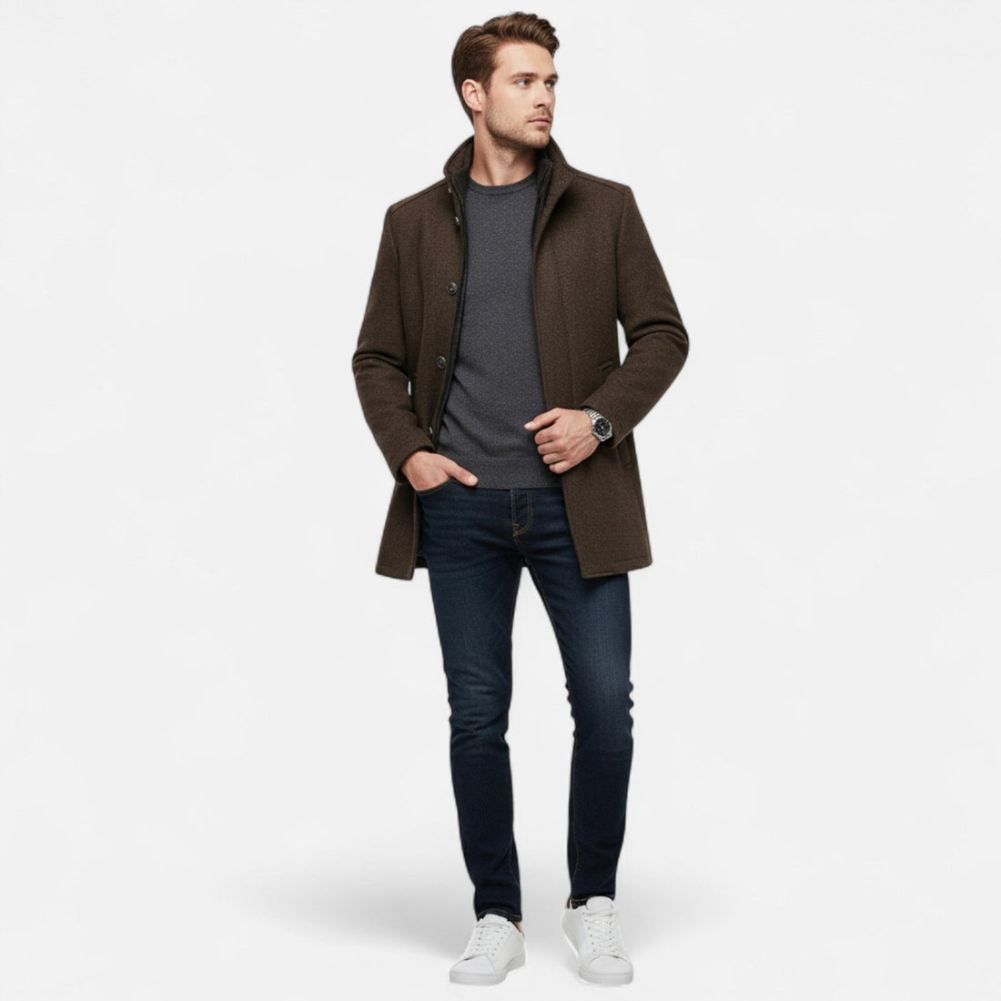 Elvayn | Men’s Long Wool Overcoat with Vest Panel