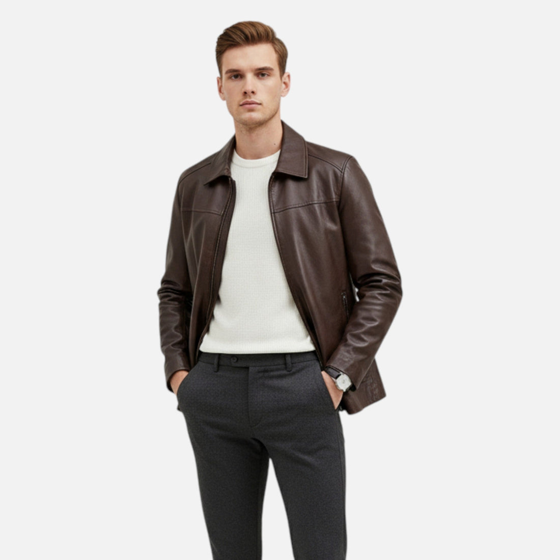Elvayn | Men’s PU Leather Jacket – Stand Collar Autumn Elegance