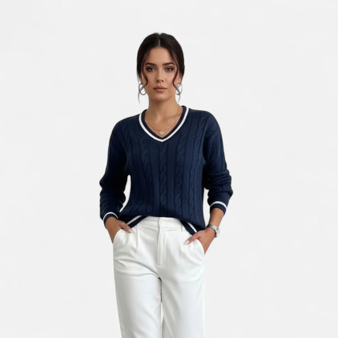 Cable-knit V-neck sweater for women – elegant style
