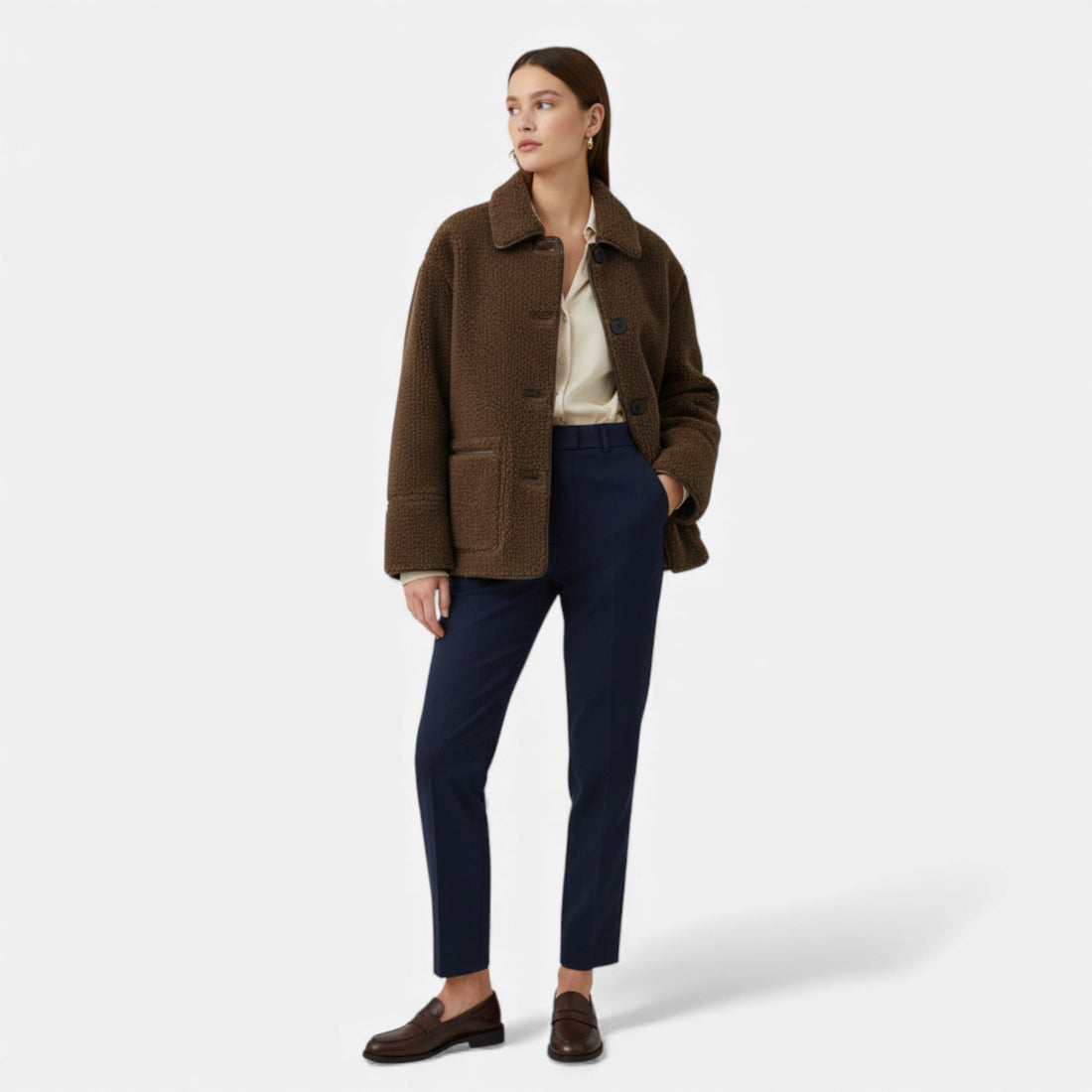 Elvayn | Women’s Reversible Brown Teddy Jacket with Turn-Down Collar