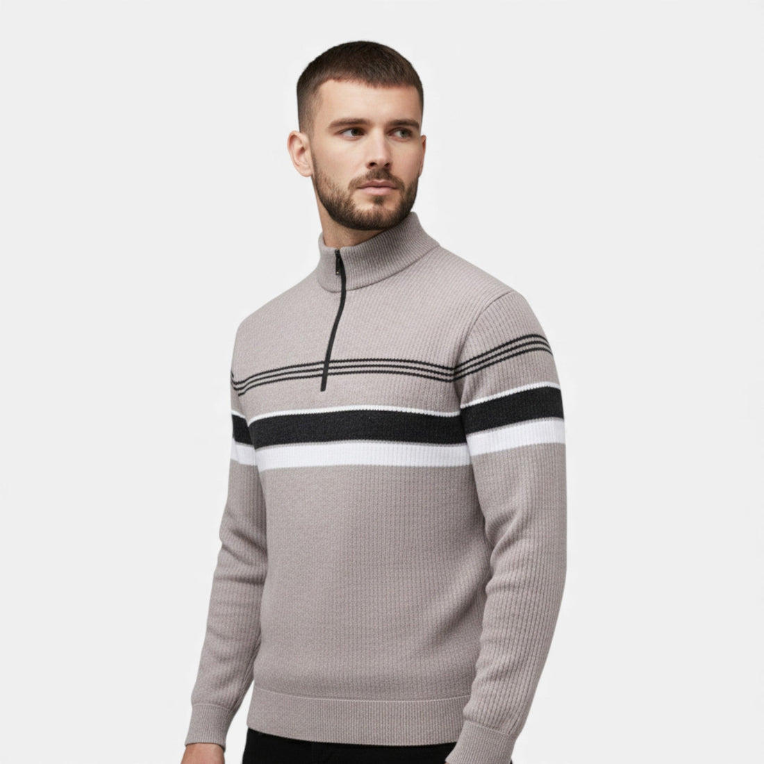 Elvayn | Men’s Thick Half-Zip Striped Knit Sweater