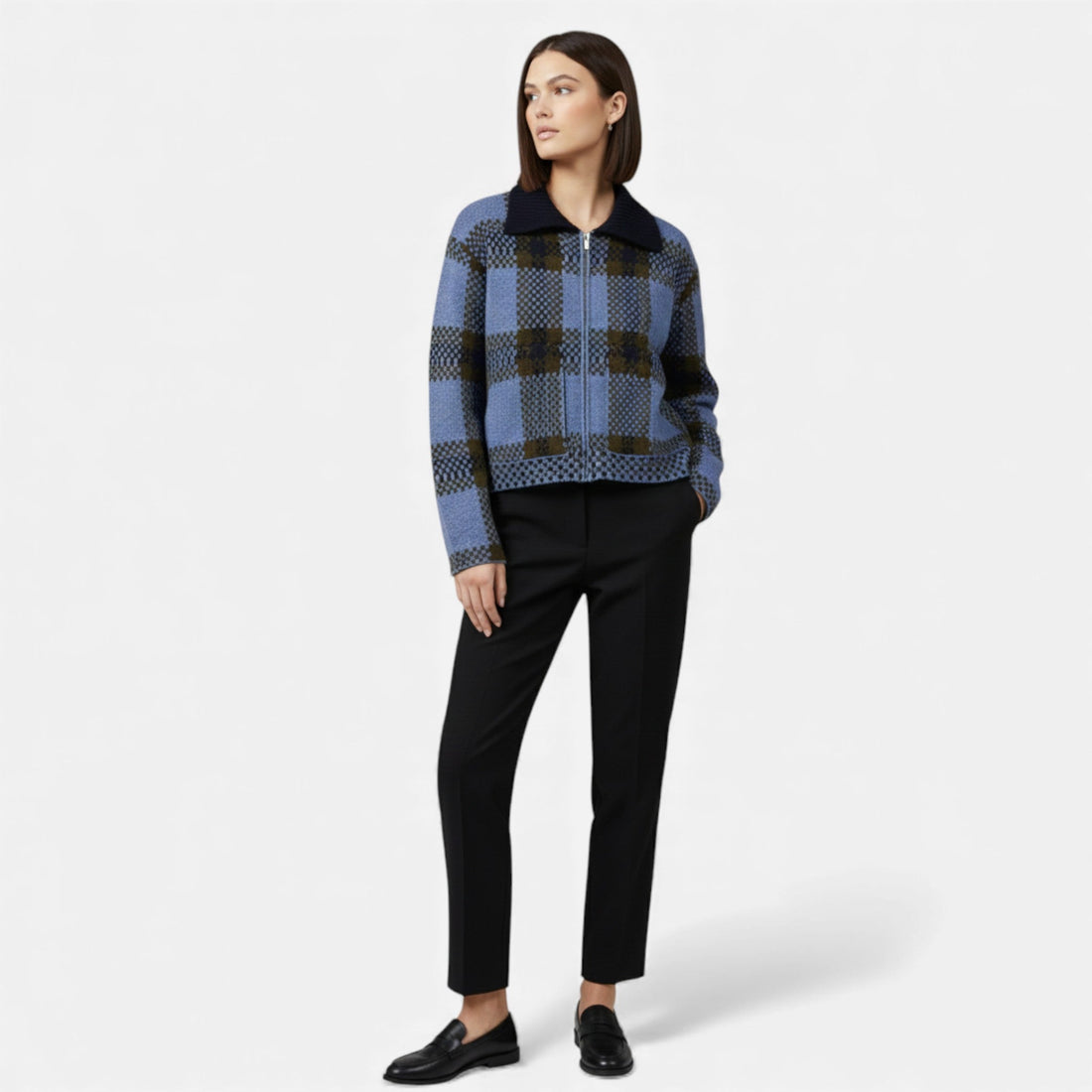 Elvayn | Women’s Plaid Knitted Zipper Jacket with Turn-Down Collar