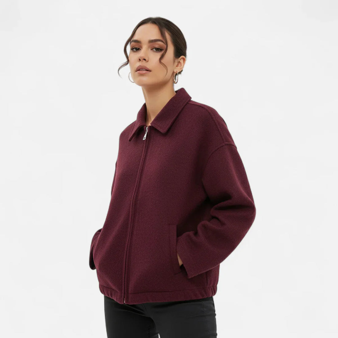 Zipped wool jacket with lapel collar for women
