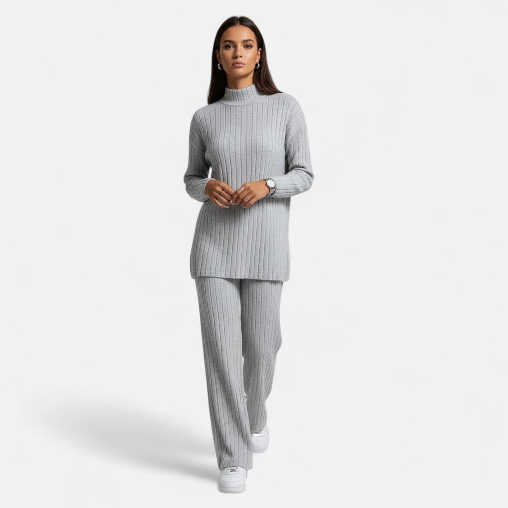 Elvayn | Women’s Ribbed Set – Mock Neck & Wide-Leg Elegance