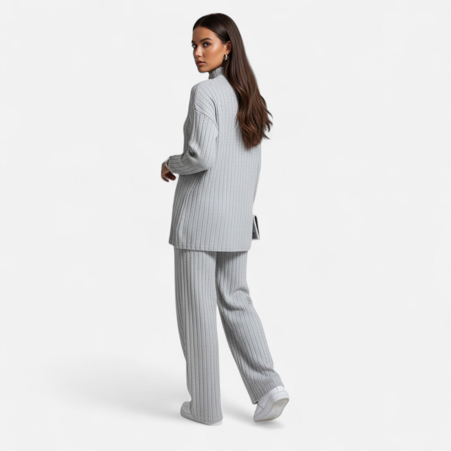 Elvayn | Women’s Ribbed Set – Mock Neck & Wide-Leg Elegance