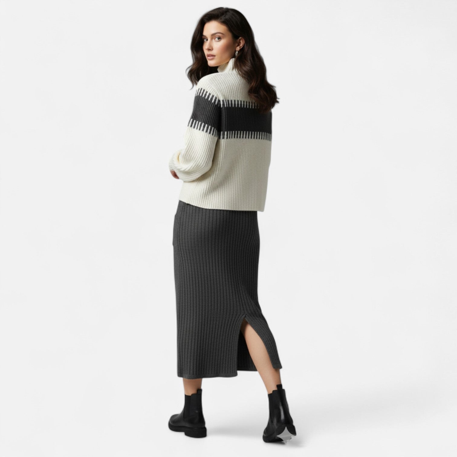 Elvayn | Women’s Knit Set – High-Neck Pullover & Midi Skirt