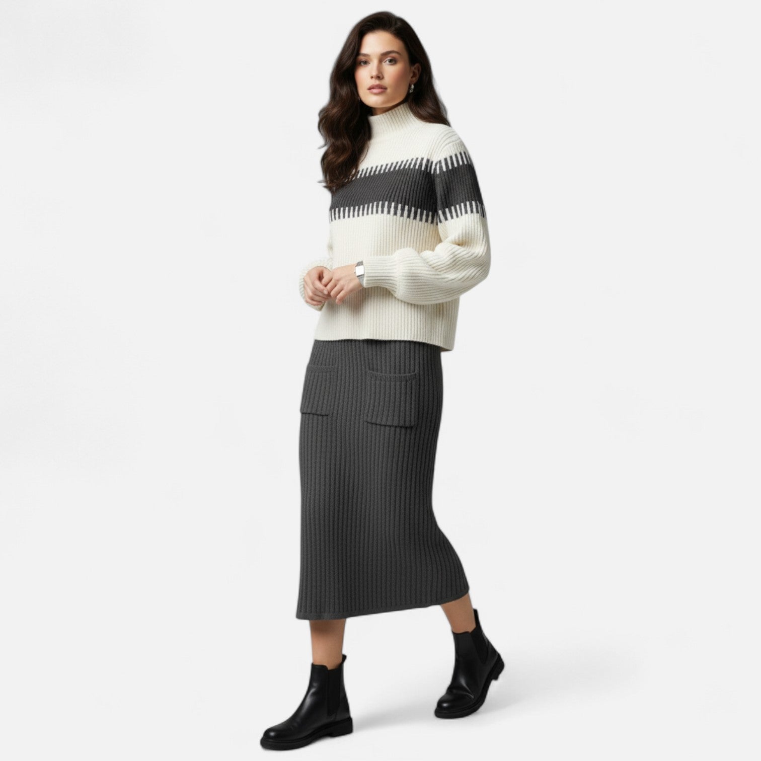 Elvayn | Women’s Knit Set – High-Neck Pullover & Midi Skirt