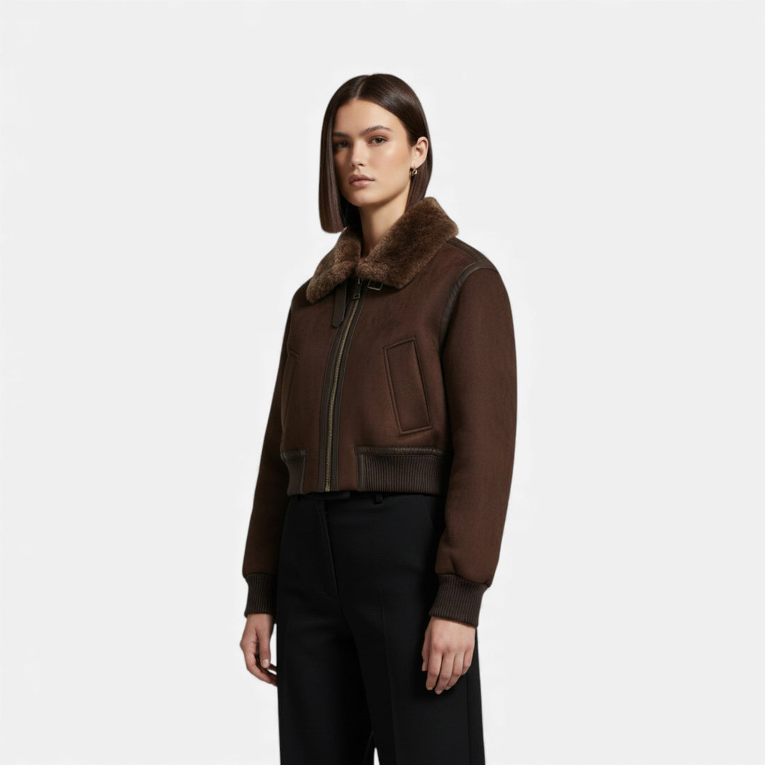 Elvayn | Women’s Brown Bomber Jacket, Luxe Faux Fur Trim