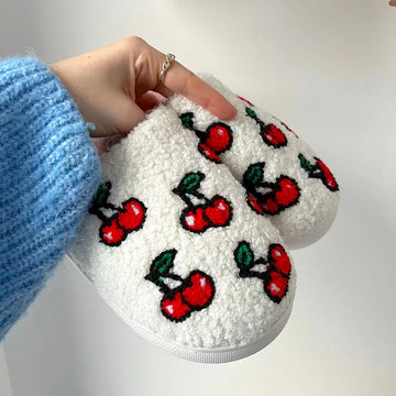 Women’s winter plush slippers, comfortable, non-slip, with fruity patterns