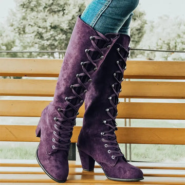 Elvayn | Women’s Lace-Up Block Heel Long Boots