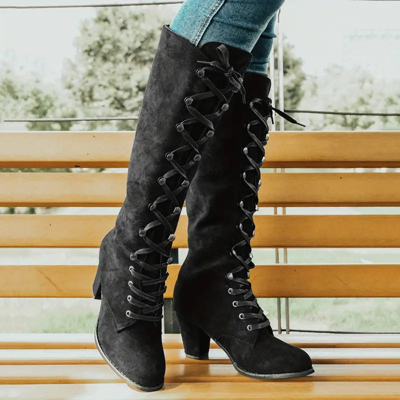 Elvayn | Women’s Lace-Up Block Heel Long Boots
