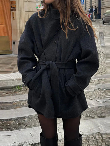 Elvayn | Women’s Winter Belted Stand Collar Short Coat