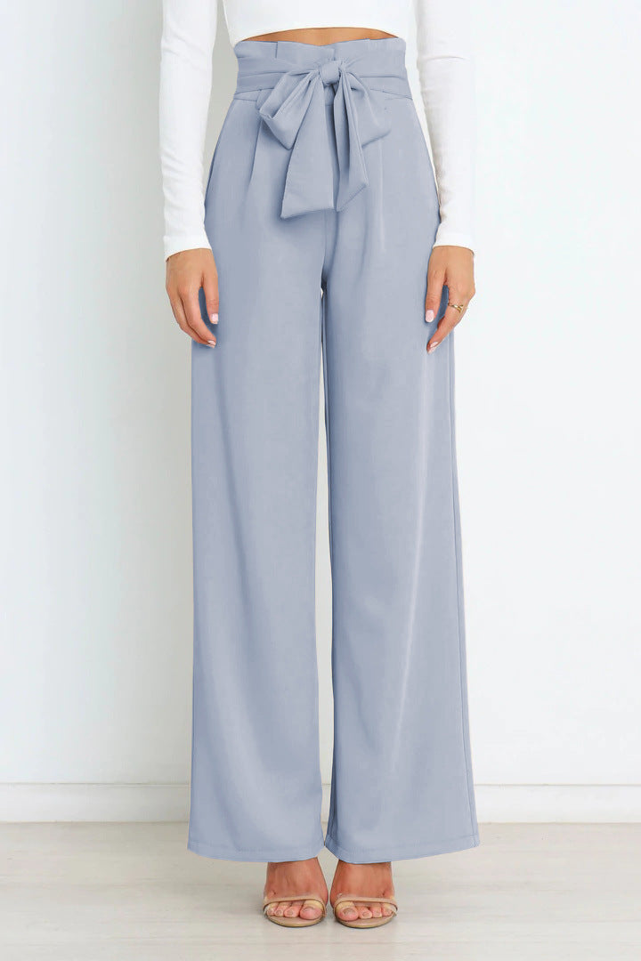 High-waisted pants with tie belt for women