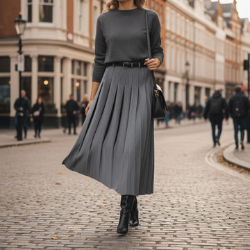 Elvayn | Women’s Spring Pleated Belted Midi Skirt