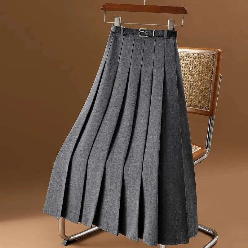 Elvayn | Women’s Spring Pleated Belted Midi Skirt
