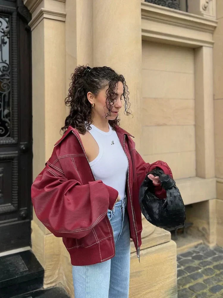 Elvayn | Women’s Oversized Leather Bomber Zip Jacket