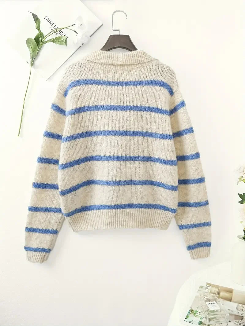 Elvayn | Striped Polo Collar Knit Hoodie