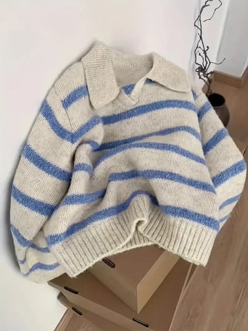Elvayn | Striped Polo Collar Knit Hoodie