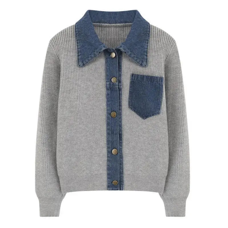 Elvayn | Denim Patchwork Polo Knit Cardigan