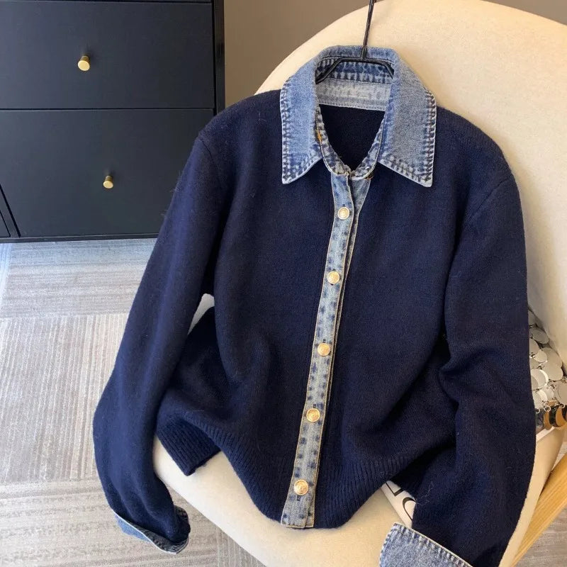 Elvayn | Denim Collar Faux Layer Knit Cardigan