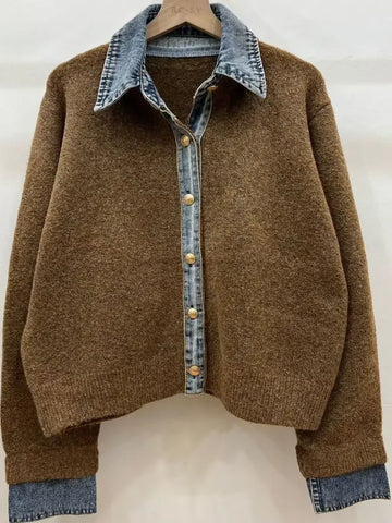 Elvayn | Denim Collar Faux Layer Knit Cardigan