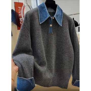 Elvayn | Denim Patchwork Knit Pullover