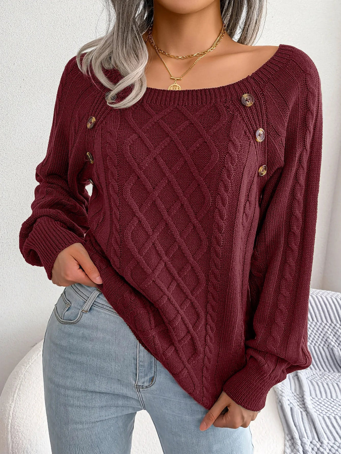 Elvayn | Square Collar Button Knit Pullover