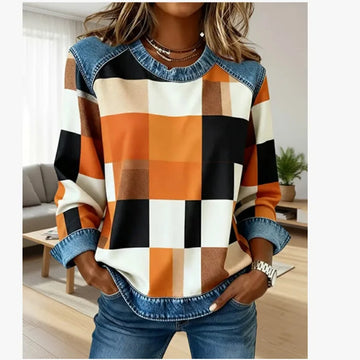 Elvayn | Denim Panel Plaid Sweatshirt