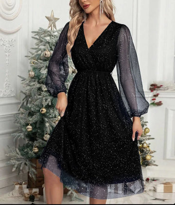 Mae Harper™ | Sparkling Mesh-Sleeve V-Neck Evening Dress