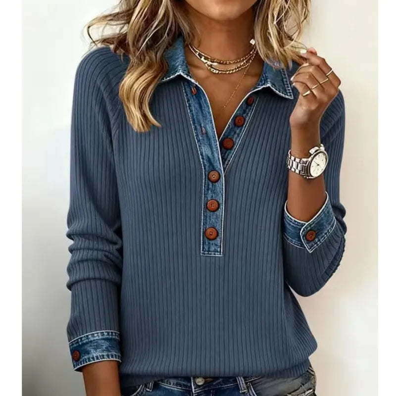Elvayn | Lapel Patchwork Knit Sweater