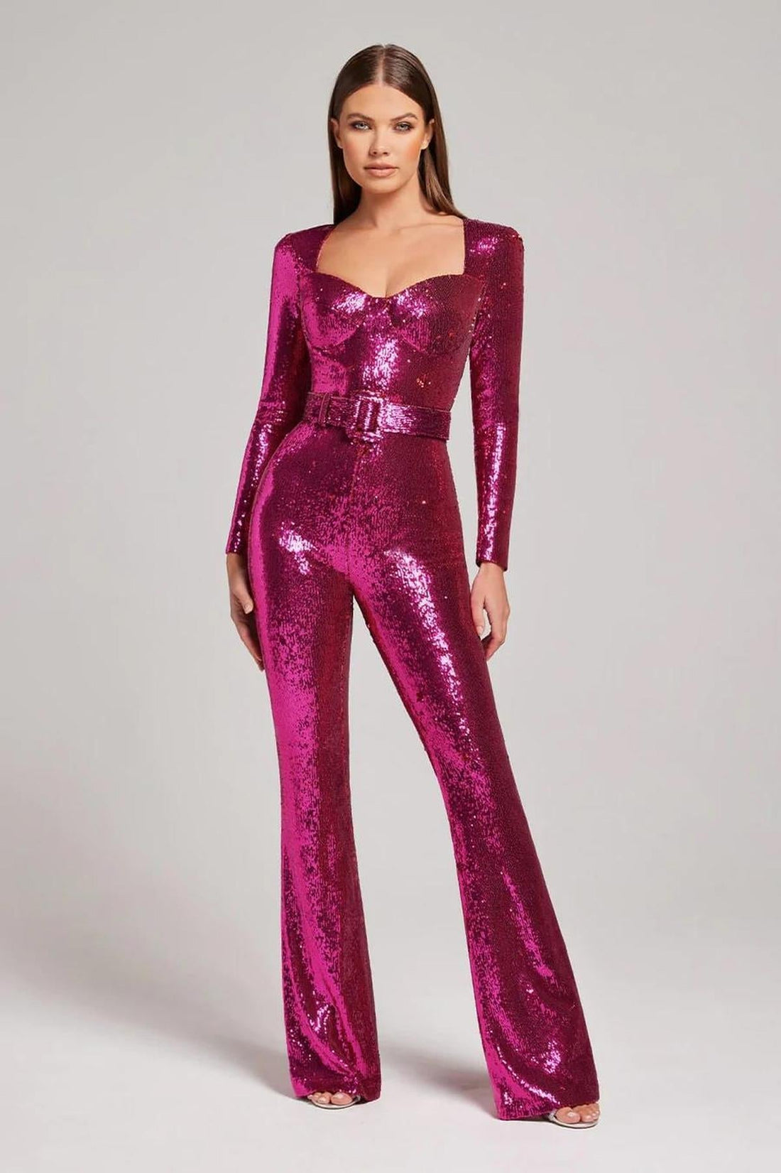 Elvayn | Women Sparkly Sequin Belted Evening Jumpsuit