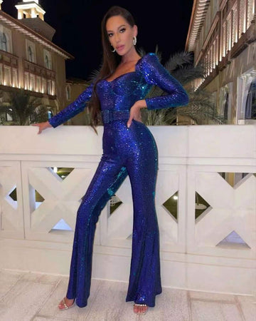 Elvayn | Women Sparkly Sequin Belted Evening Jumpsuit