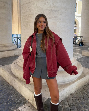 Elvayn | Women’s Oversized Leather Bomber Zip Jacket