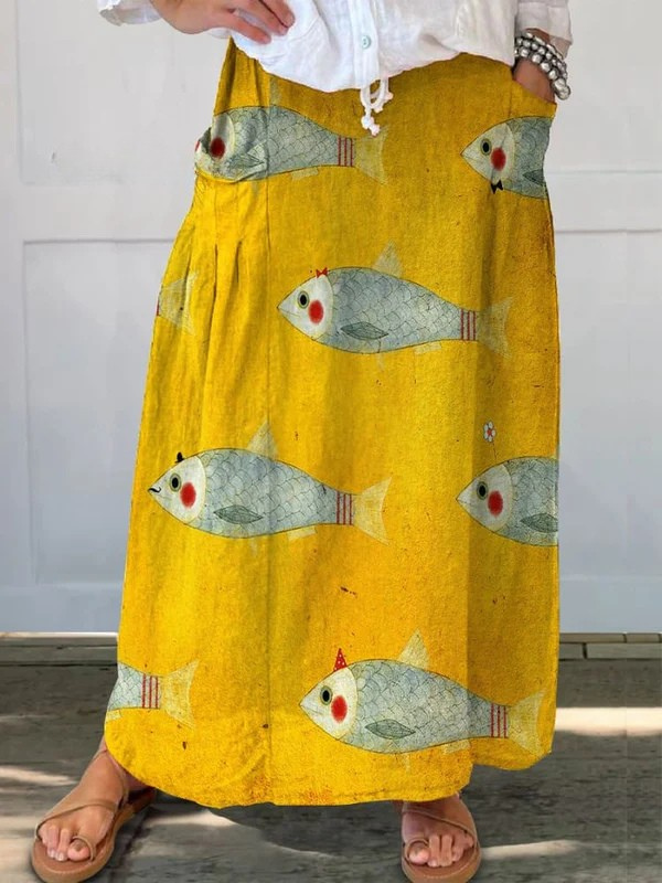 Elvayn | Women's Vintage Fish Art Print Linen Pocket Skirt