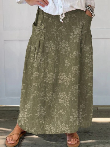 Elvayn | Women's Vintage Floral Linen Elastic waistband Pocket Skirt