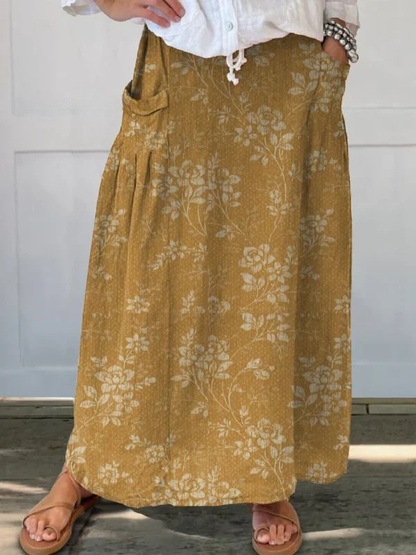 Elvayn | Women's Vintage Floral Linen Elastic waistband Pocket Skirt
