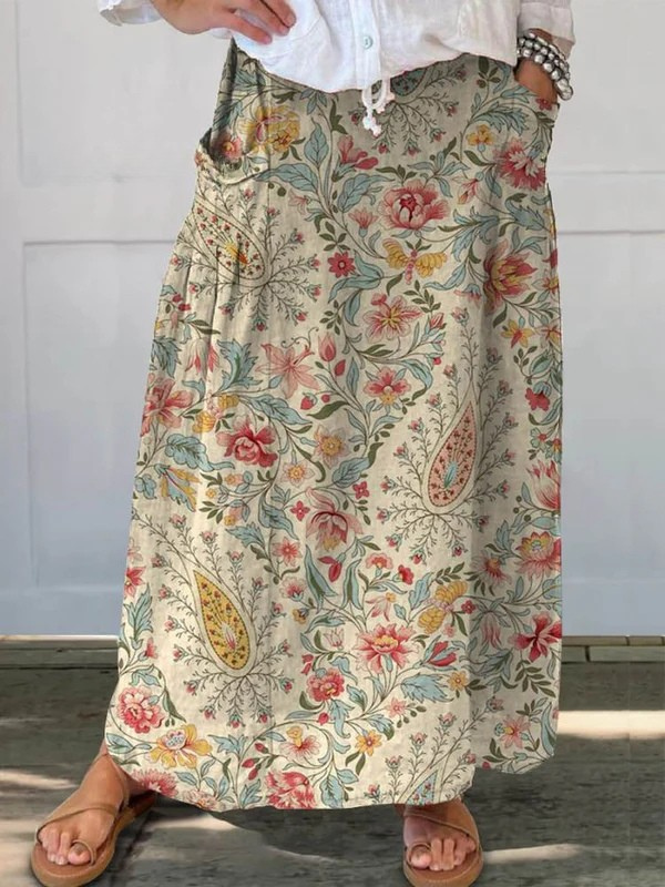 Elvayn | Women's Vintage Floral Art Printed Linen Pocket Skirt