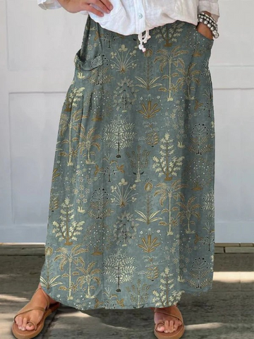 Elvayn | Woodland Vegetation Pattern Printed Women's Linen Elastic waistband Pocket Skirt
