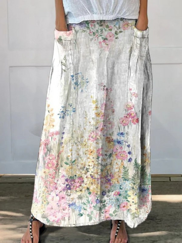 Elvayn | Women's Vintage Botanical Floral Linen Elastic waistband Pocket Skirt