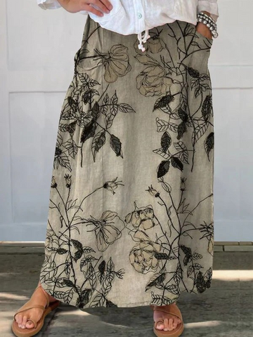 Elvayn | Women's Retro Floral Art Linen Elastic waistband Pocket Skirt