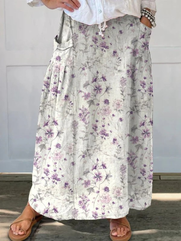 Elvayn | Women's Vintage Floral Art Linen Elastic waistband Pocket Skirt