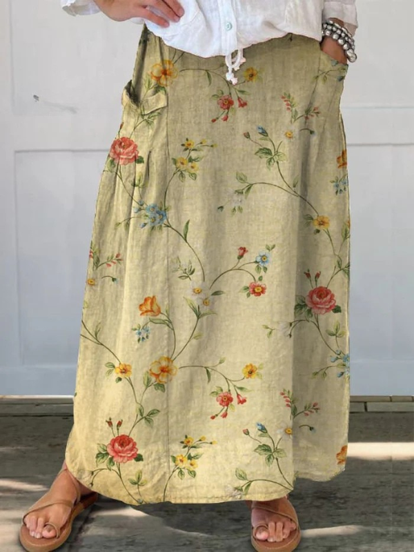 Elvayn | Women's Retro Elegant Floral Art Linen Elastic waistband Pocket Skirt