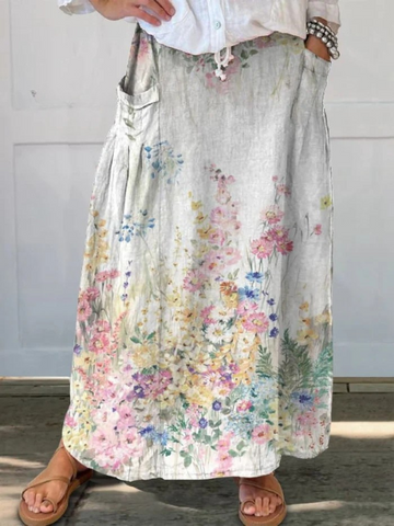 Elvayn | Women's Retro Elegant Floral Art Linen Elastic waistband Pocket Skirt