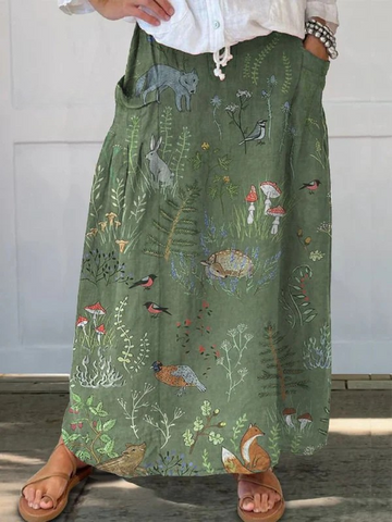 Elvayn | Woodland And Animals Pattern Printed Women's Linen Pocket Skirt